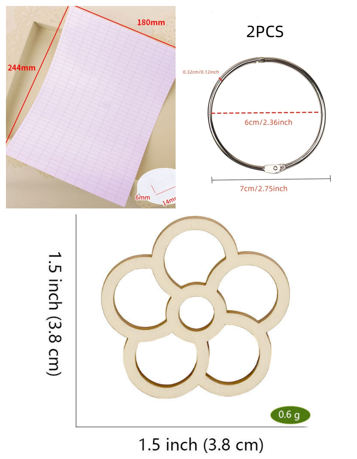 Style H five-petal flower wooden embroidery floss organizer boards, 50 piece set with 2 metal rings and blank labels