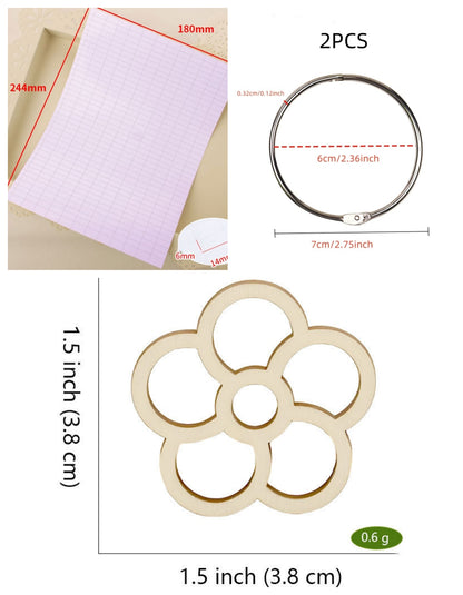 Style H five-petal flower wooden embroidery floss organizer boards, 50 piece set with 2 metal rings and blank labels