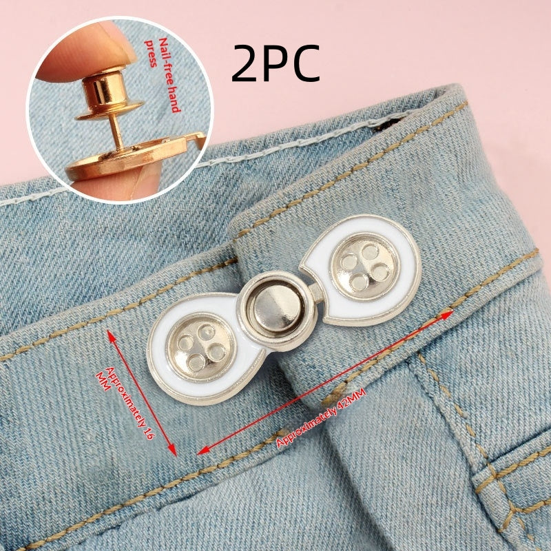 Silver and white bow button waist adjusters, two sets, no-sew jean waistband tighteners