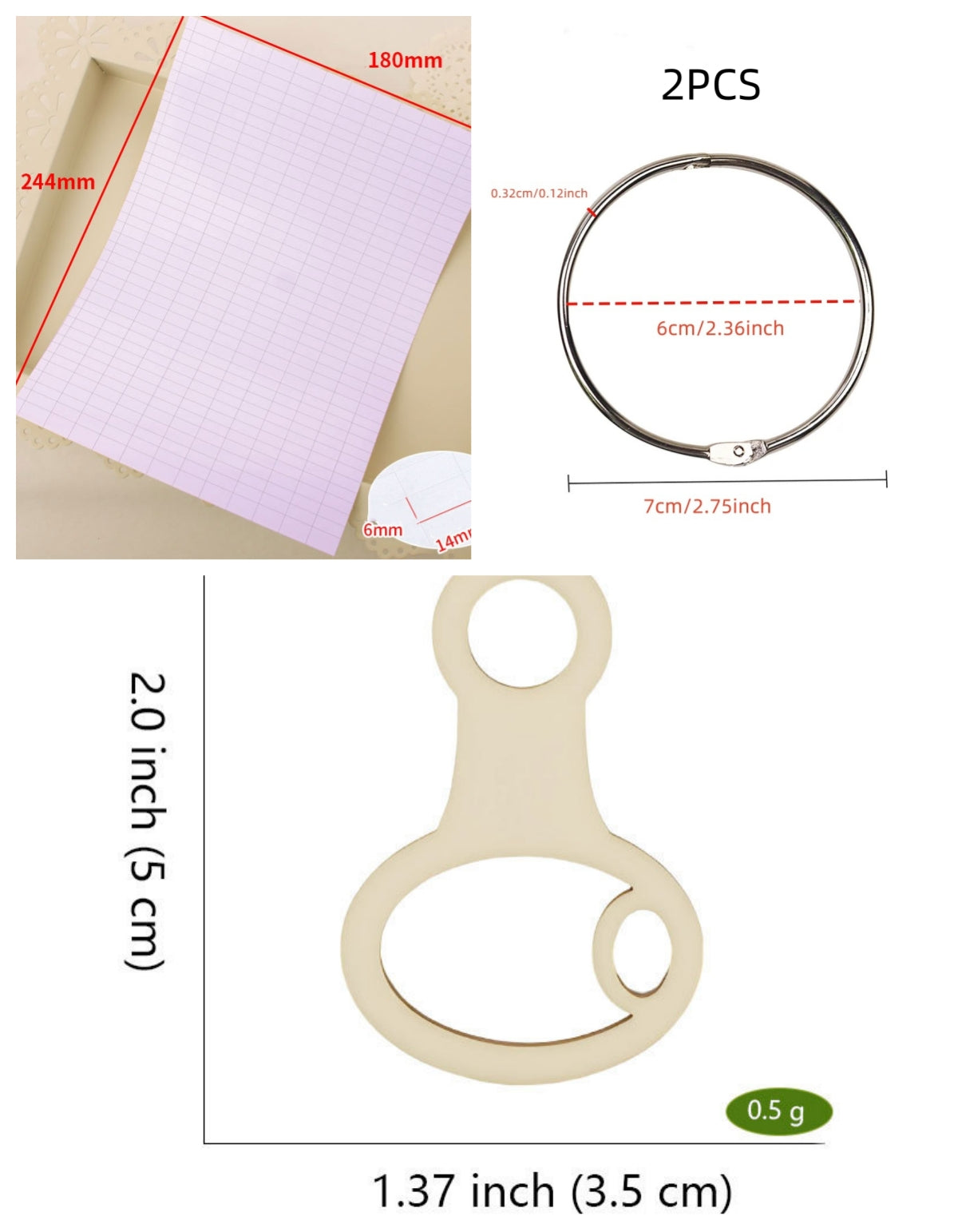 Style F keyhole wooden embroidery floss organizer boards, 50 piece set with 2 metal rings and blank labels