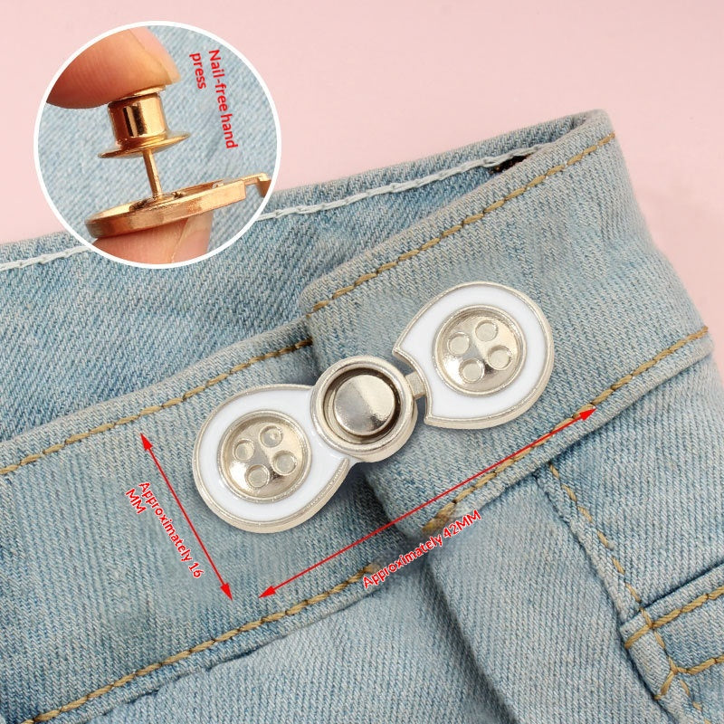 Silver and white bow button waist adjuster, one set, no-sew jean waistband tightener