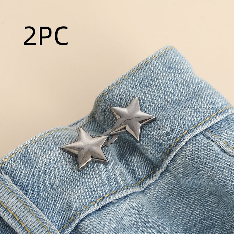 Gunmetal star shape waist adjuster, two sets, shown on a denim waistband