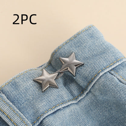 Gunmetal star shape waist adjuster, two sets, shown on a denim waistband