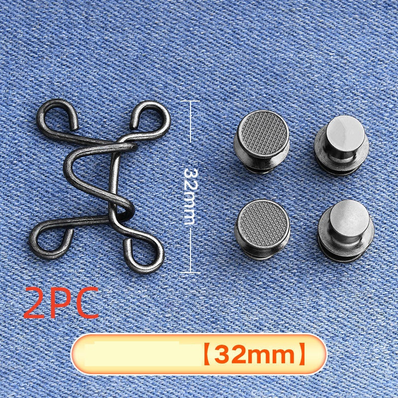 Gunmetal hook-and-eye waistband adjuster on denim marked 2PC for two sets, large 32 mm