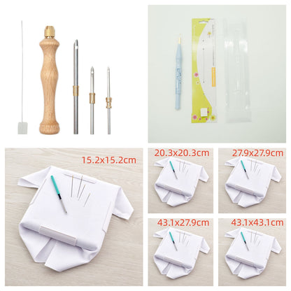 Set of all five snap embroidery frames, 6 x 6, 8 x 8, 11 x 11, 17 x 11 and 17 x 17 inch, labelled with sizes in cm, with both the blue adjustable punch needle kit and the wooden-handle punch needle set