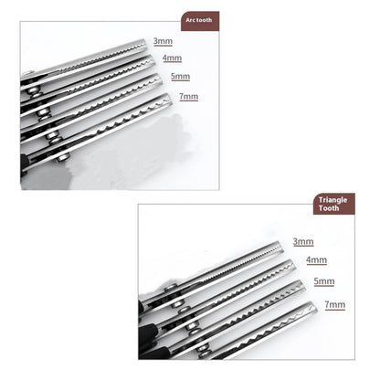 Arc tooth blades at 3 mm, 4 mm, 5 mm and 7 mm shown above triangle tooth blades at the same four pitches, the eight shears in this set