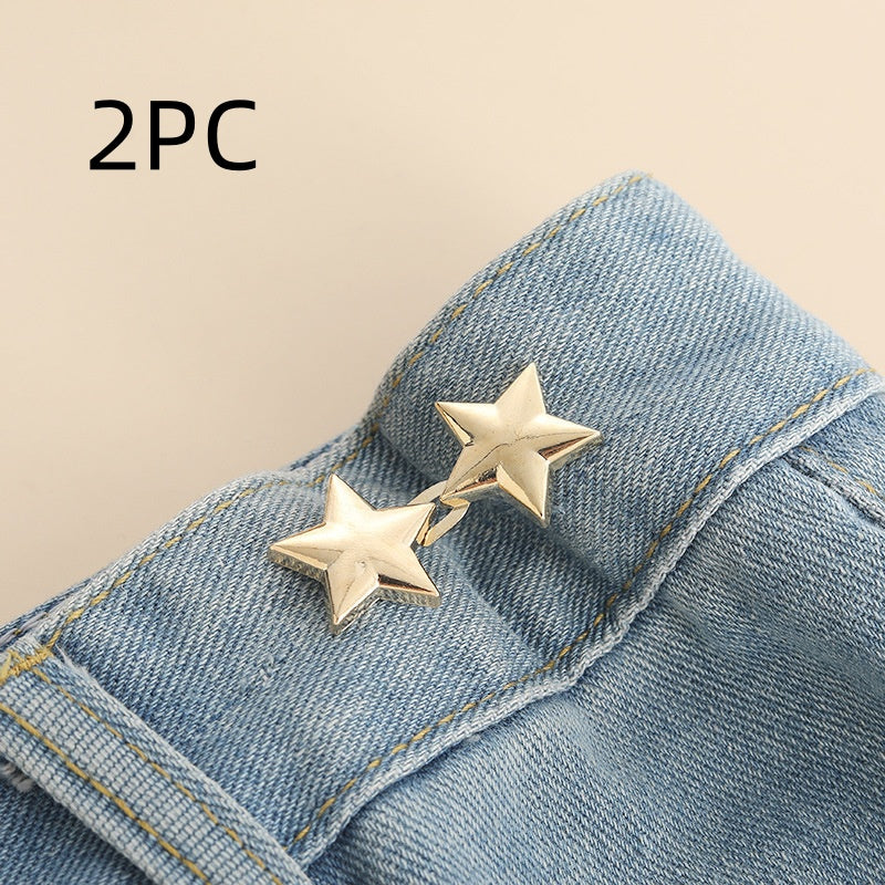 Golden star shape waist adjuster, two sets, shown on a denim waistband