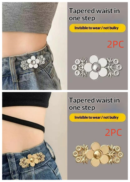 Golden and silver flower no-sew jean waist adjuster clips, four sets, two of each colour