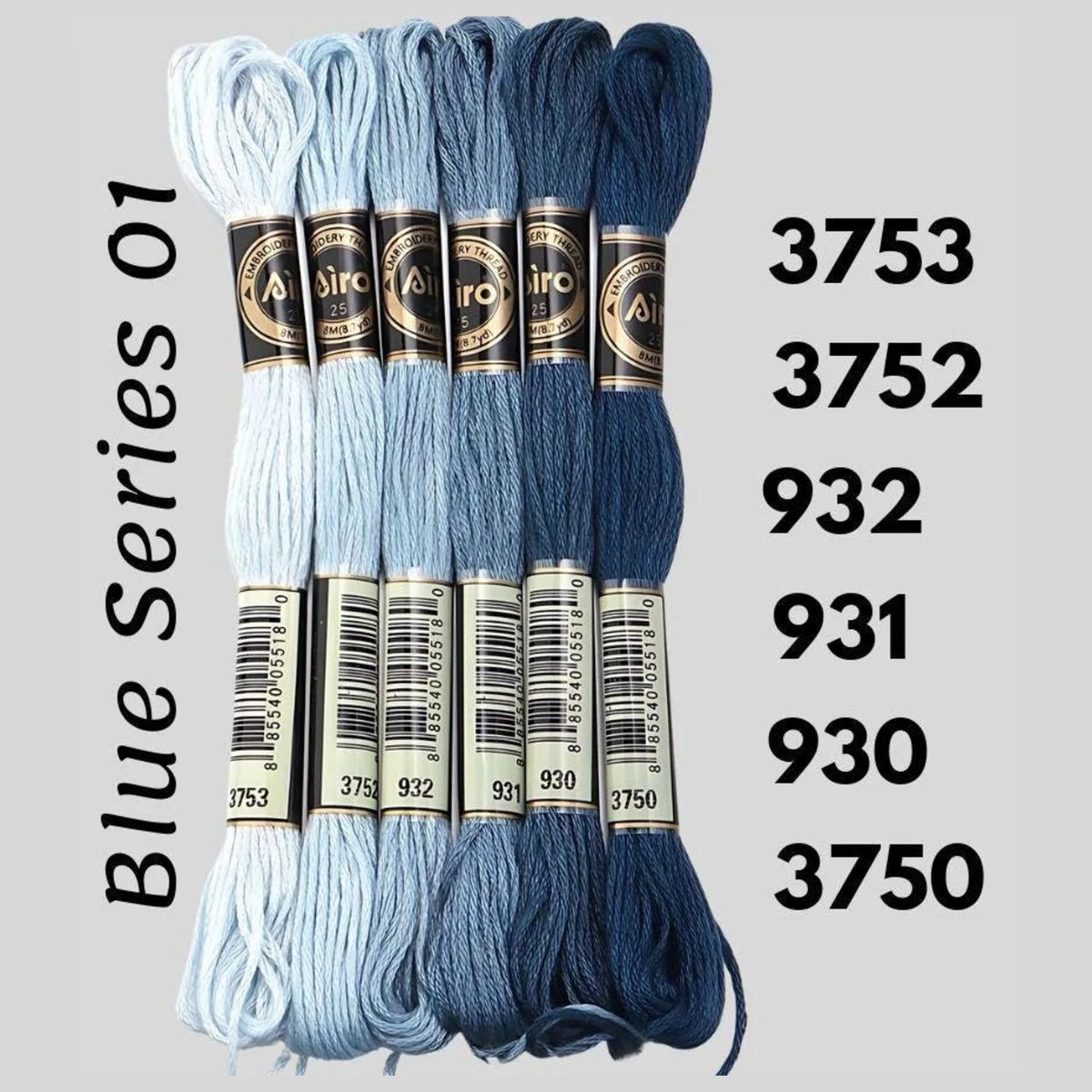Blue Series 01 6 pack embroidery thread skeins — six DMC-matched polyester skeins for cross stitch and friendship bracelets