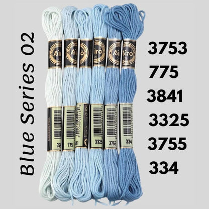 Blue Series 02 6 pack embroidery thread skeins — six DMC-matched polyester skeins for cross stitch and friendship bracelets