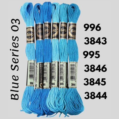 Blue Series 03 6 pack embroidery thread skeins — six DMC-matched polyester skeins for cross stitch and friendship bracelets