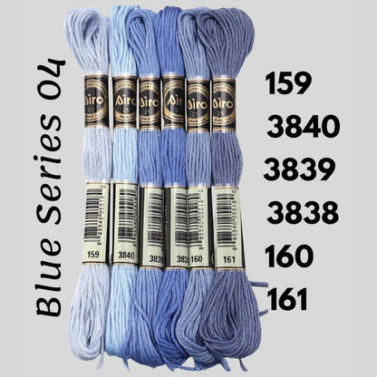 Blue Series 04 6 pack embroidery thread skeins — six DMC-matched polyester skeins for cross stitch and friendship bracelets