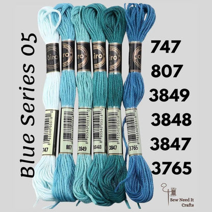 Blue Series 05 6 pack embroidery thread skeins — six DMC-matched polyester skeins for cross stitch and friendship bracelets