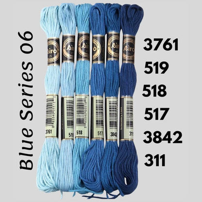 Blue Series 06 6 pack embroidery thread skeins — six DMC-matched polyester skeins for cross stitch and friendship bracelets