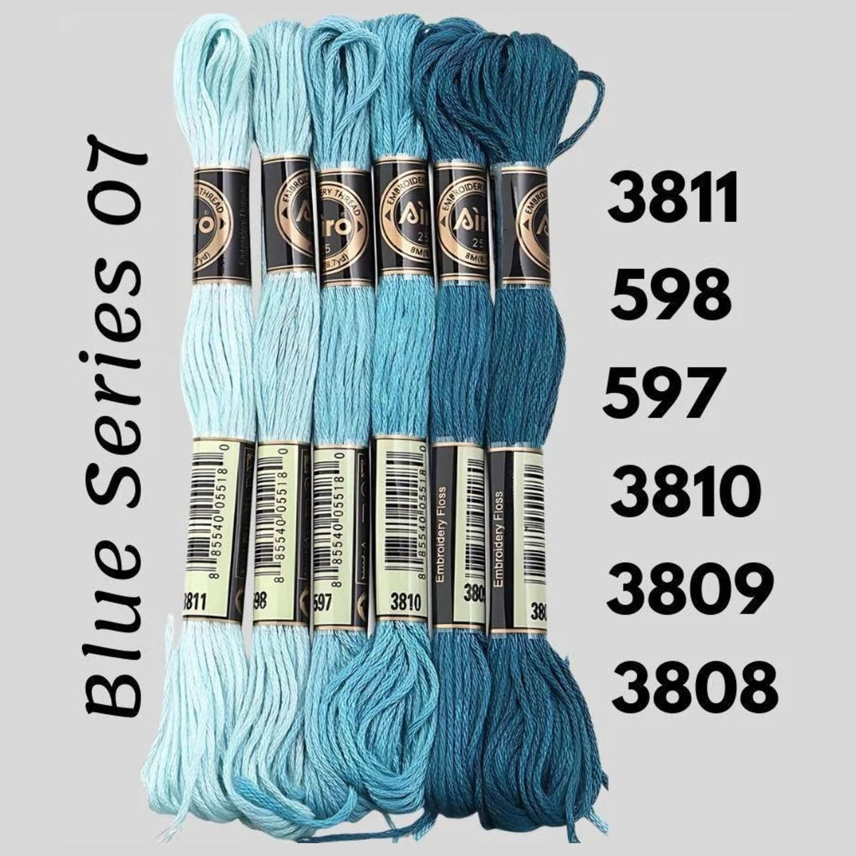 Blue Series 07 6 pack embroidery thread skeins — six DMC-matched polyester skeins for cross stitch and friendship bracelets