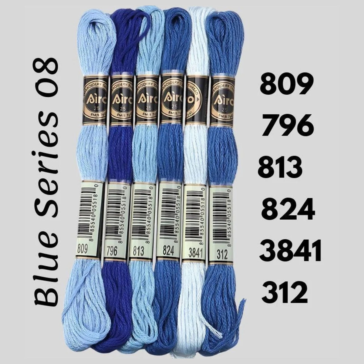 Blue Series 08 6 pack embroidery thread skeins — six DMC-matched polyester skeins for cross stitch and friendship bracelets