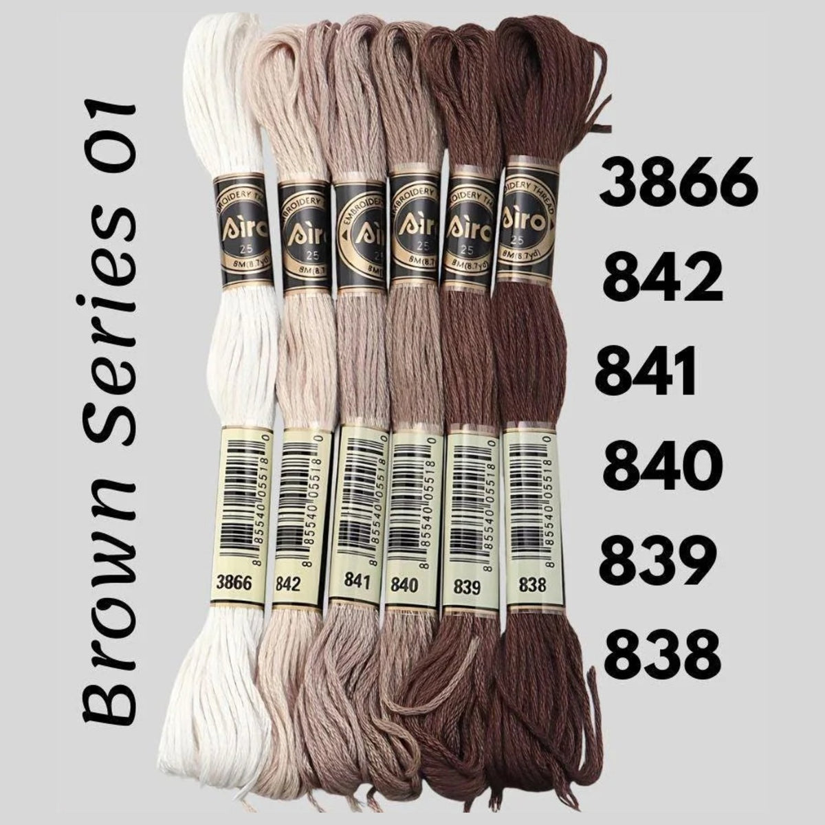 Brown Series 01 6 pack embroidery thread skeins — six DMC-matched polyester skeins for cross stitch and friendship bracelets