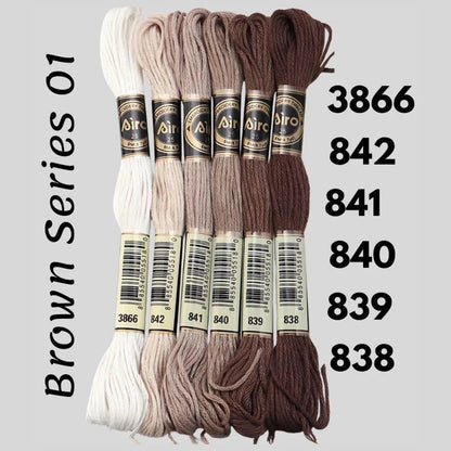 Brown Series 01 6 pack embroidery thread skeins — six DMC-matched polyester skeins for cross stitch and friendship bracelets