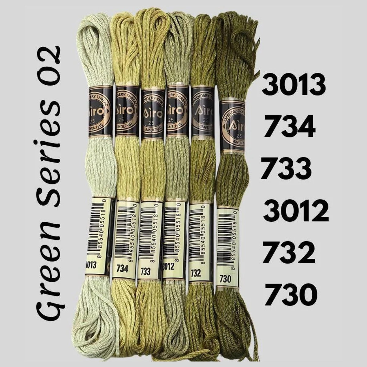 Green Series 02 6 pack embroidery thread skeins — six DMC-matched polyester skeins for cross stitch and friendship bracelets
