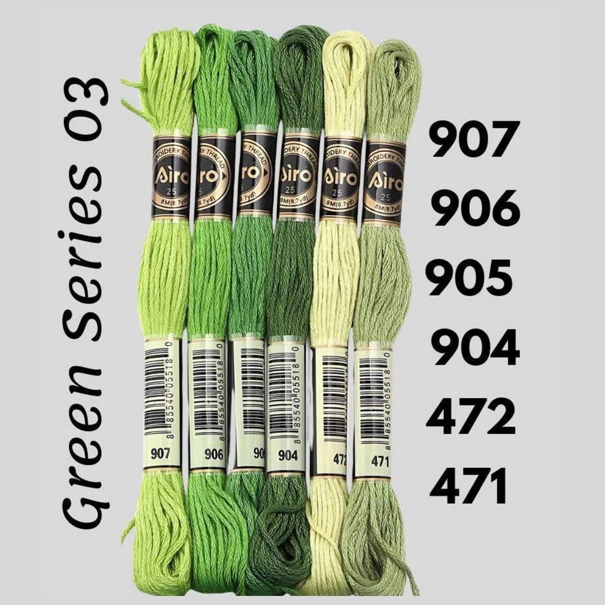 Green Series 03 6 pack embroidery thread skeins — six DMC-matched polyester skeins for cross stitch and friendship bracelets