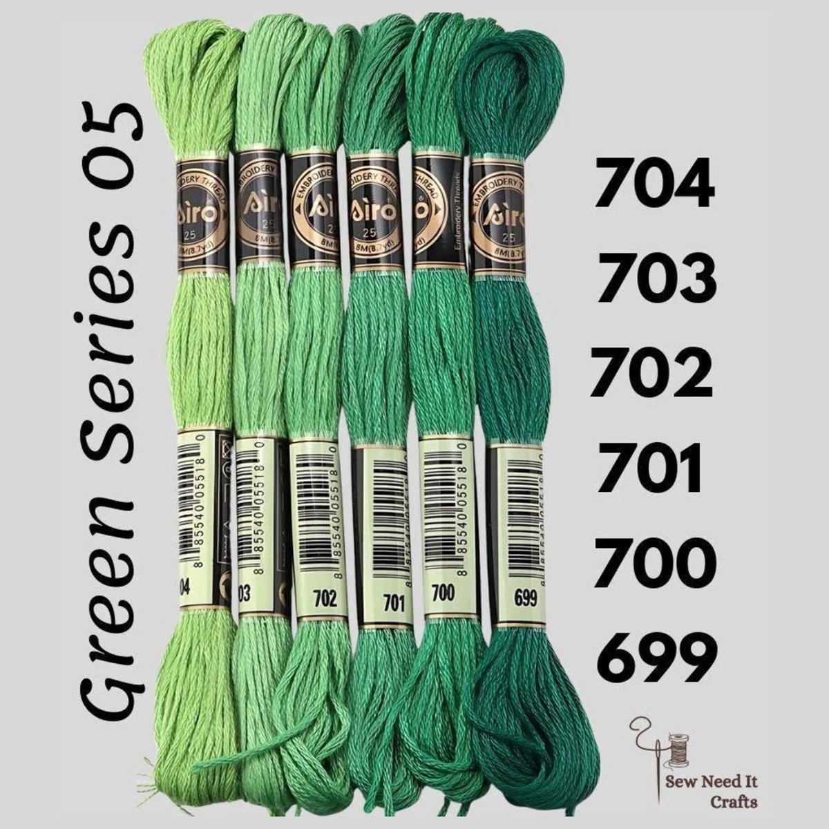 Green Series 05 6 pack embroidery thread skeins — six DMC-matched polyester skeins for cross stitch and friendship bracelets