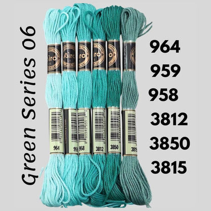 Green Series 06 6 pack embroidery thread skeins — six DMC-matched polyester skeins for cross stitch and friendship bracelets