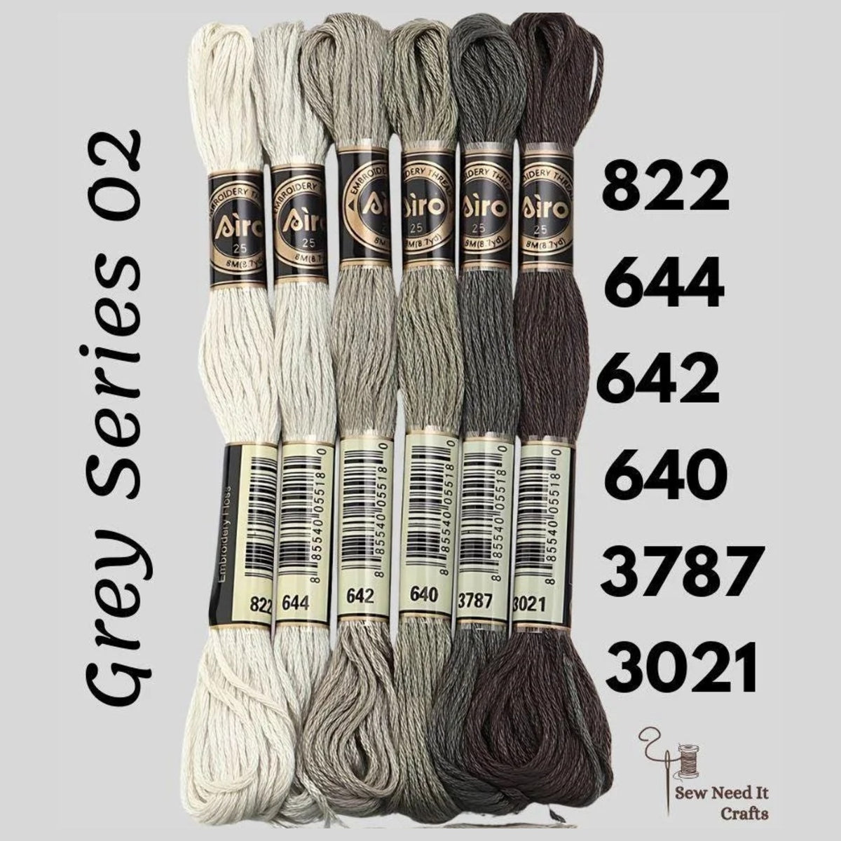 Grey Series 02 6 pack embroidery thread skeins — six DMC-matched polyester skeins for cross stitch and friendship bracelets