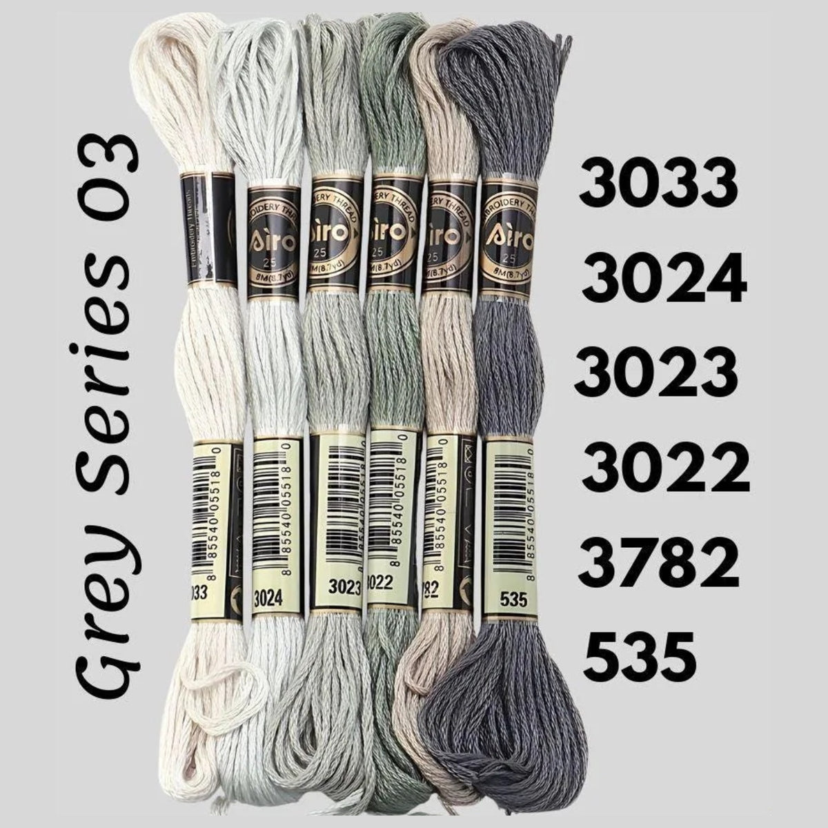 Grey Series 03 6 pack embroidery thread skeins — six DMC-matched polyester skeins for cross stitch and friendship bracelets