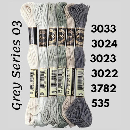 Grey Series 03 6 pack embroidery thread skeins — six DMC-matched polyester skeins for cross stitch and friendship bracelets