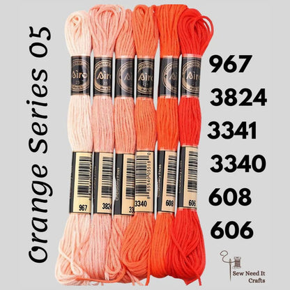 Orange Series 05 6 pack embroidery thread skeins — six DMC-matched polyester skeins for cross stitch and friendship bracelets