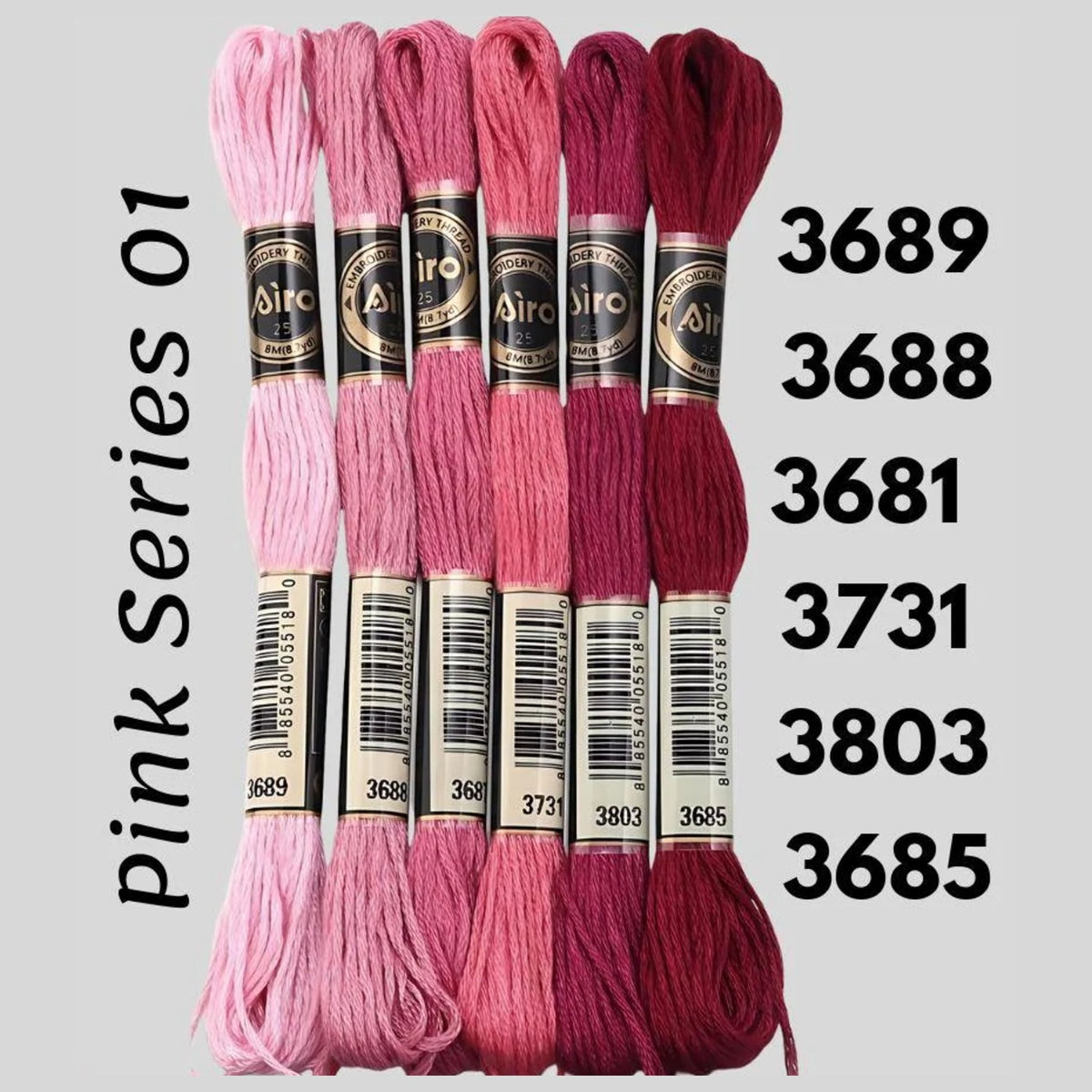 Pink Series 01 6 pack embroidery thread skeins — six DMC-matched polyester skeins for cross stitch and friendship bracelets
