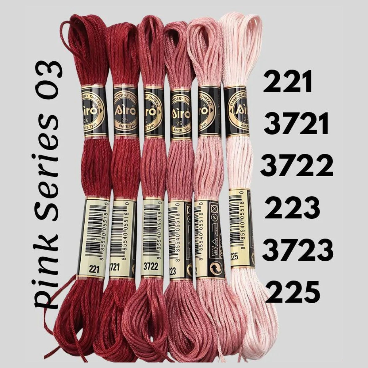 Pink Series 03 6 pack embroidery thread skeins — six DMC-matched polyester skeins for cross stitch and friendship bracelets