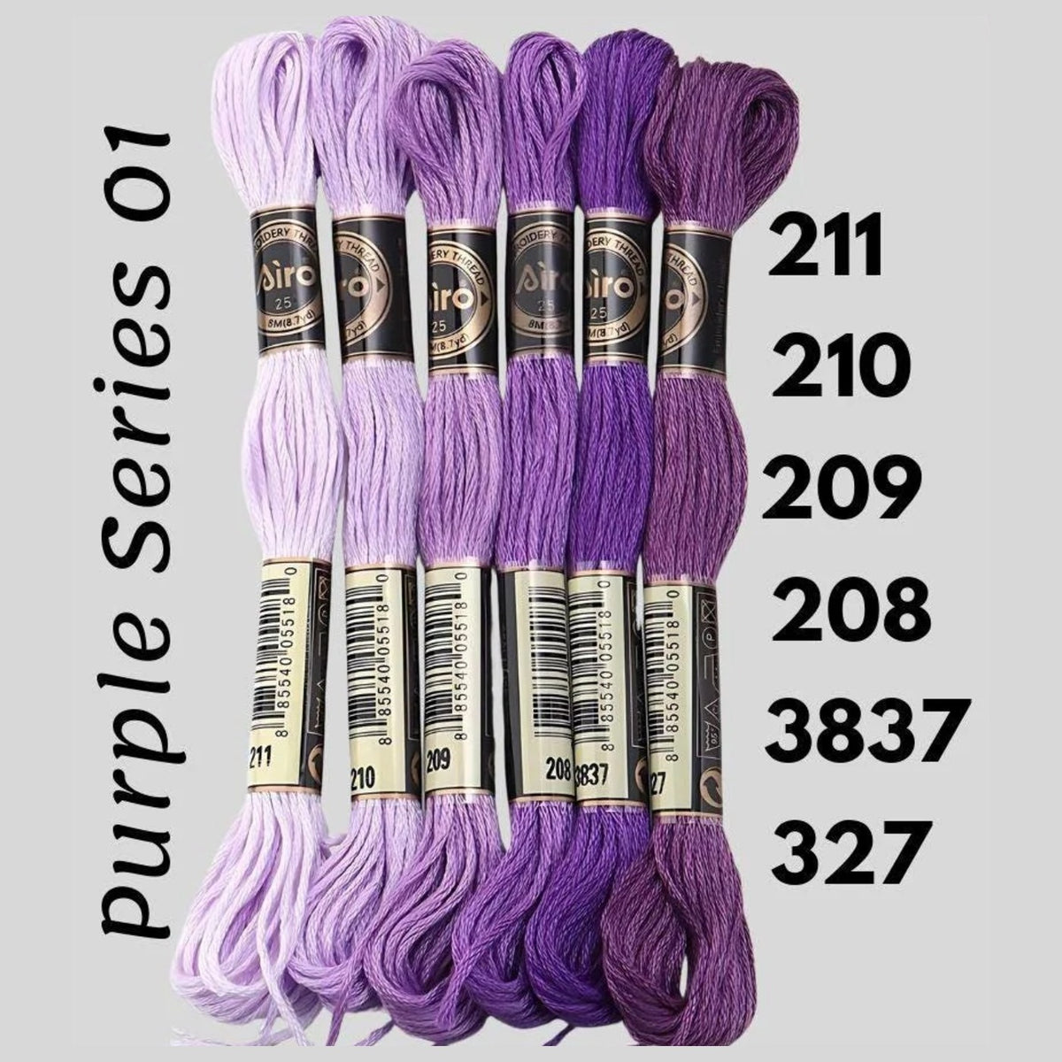 Purple Series 01 6 pack embroidery thread skeins — six DMC-matched polyester skeins for cross stitch and friendship bracelets