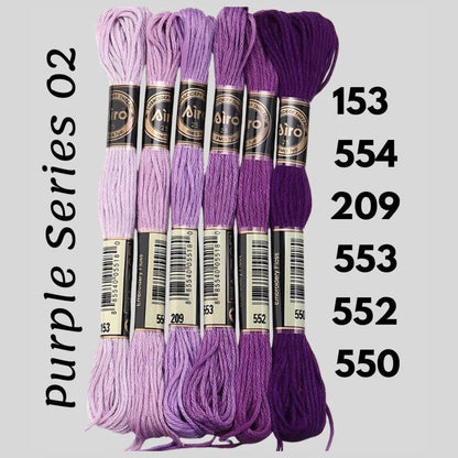 Purple Series 02 6 pack embroidery thread skeins — six DMC-matched polyester skeins for cross stitch and friendship bracelets