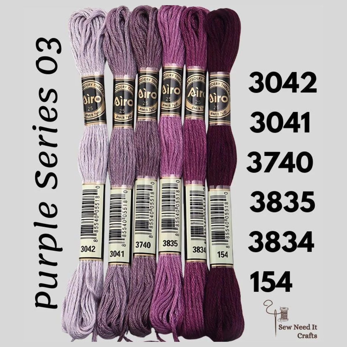 Purple Series 03 6 pack embroidery thread skeins — six DMC-matched polyester skeins for cross stitch and friendship bracelets