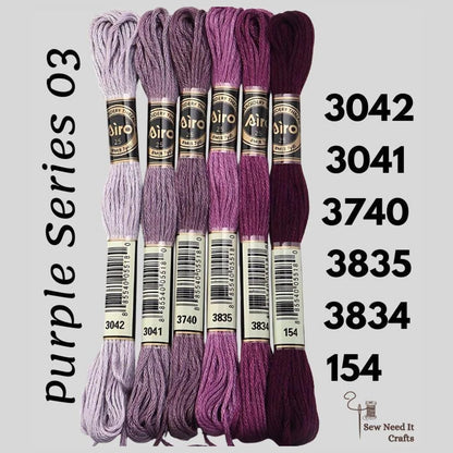 Purple Series 03 6 pack embroidery thread skeins — six DMC-matched polyester skeins for cross stitch and friendship bracelets