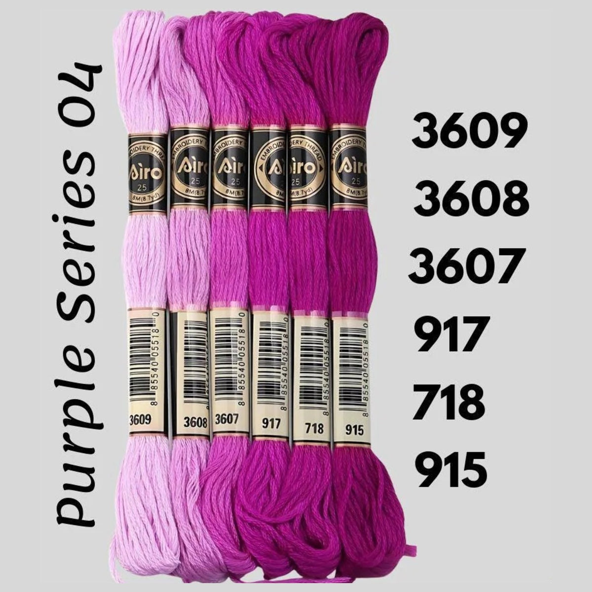 Purple Series 04 6 pack embroidery thread skeins — six DMC-matched polyester skeins for cross stitch and friendship bracelets