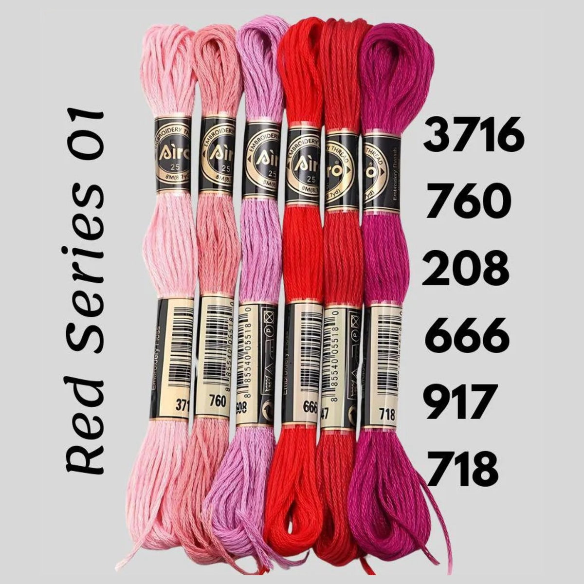 Red Series 01 6 pack embroidery thread skeins — six DMC-matched polyester skeins for cross stitch and friendship bracelets