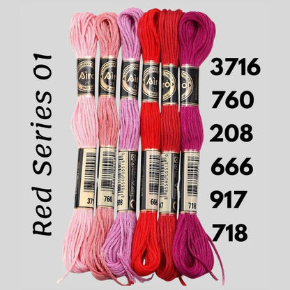 Red Series 01 6 pack embroidery thread skeins — six DMC-matched polyester skeins for cross stitch and friendship bracelets