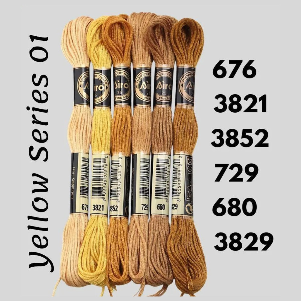 Yellow Series 01 6 pack embroidery thread skeins — six DMC-matched polyester skeins for cross stitch and friendship bracelets