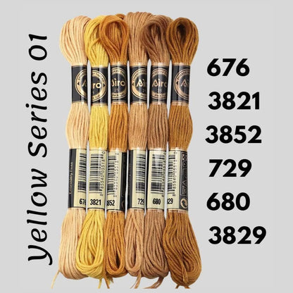 Yellow Series 01 6 pack embroidery thread skeins — six DMC-matched polyester skeins for cross stitch and friendship bracelets