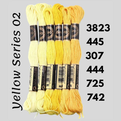 Yellow Series 02 6 pack embroidery thread skeins — six DMC-matched polyester skeins for cross stitch and friendship bracelets