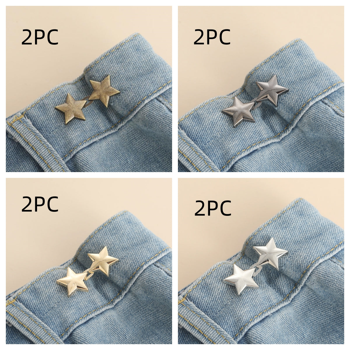 Eight star shape waist adjuster sets, two each in bronze, golden, gunmetal and silver
