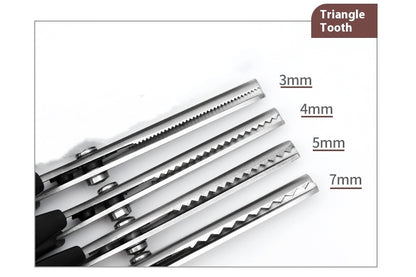 Triangle tooth blade chart showing zigzag pinking blades at 3 mm, 4 mm, 5 mm and 7 mm tooth pitch, the four shears in this set