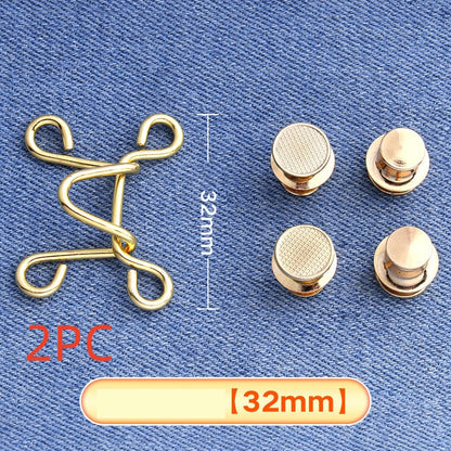 Golden hook-and-eye waistband adjuster on denim marked 2PC for two sets, large 32 mm