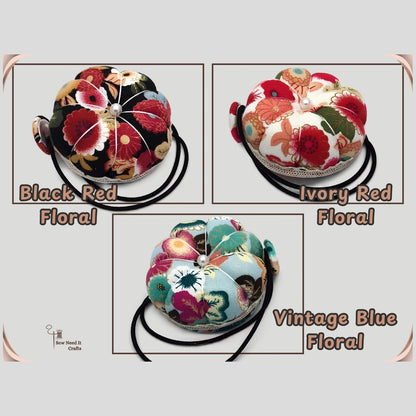 Set of three floral pumpkin wrist pin cushions in Black Red, Ivory Red and Vintage Blue Floral designs