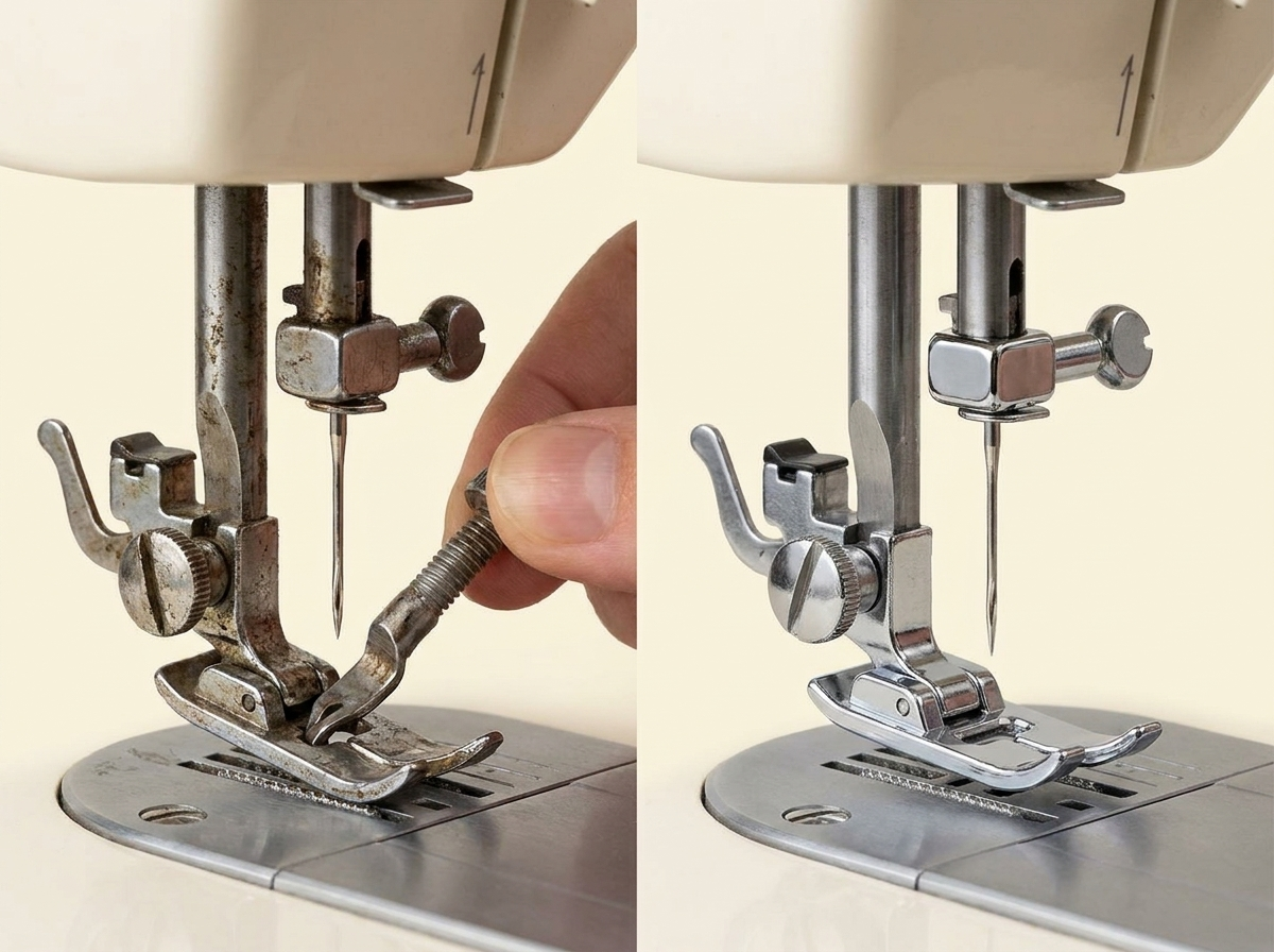 Before and after - old presser foot vs snap-on adapter solution
