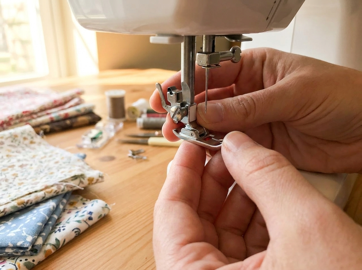 Hands attaching snap-on shank to modern Bernina sewing machine