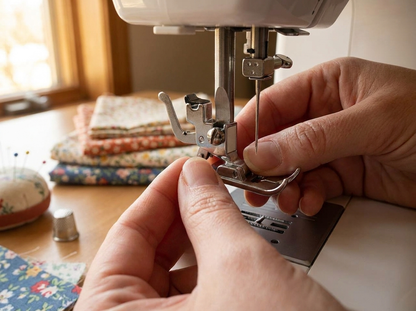 Hands attaching snap-on adapter to Husqvarna Viking sewing machine