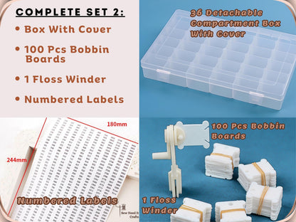 Complete Embroidery Floss Organizer Set with Storage Box, 100 Bobbins, Floss Winder & Label Stickers